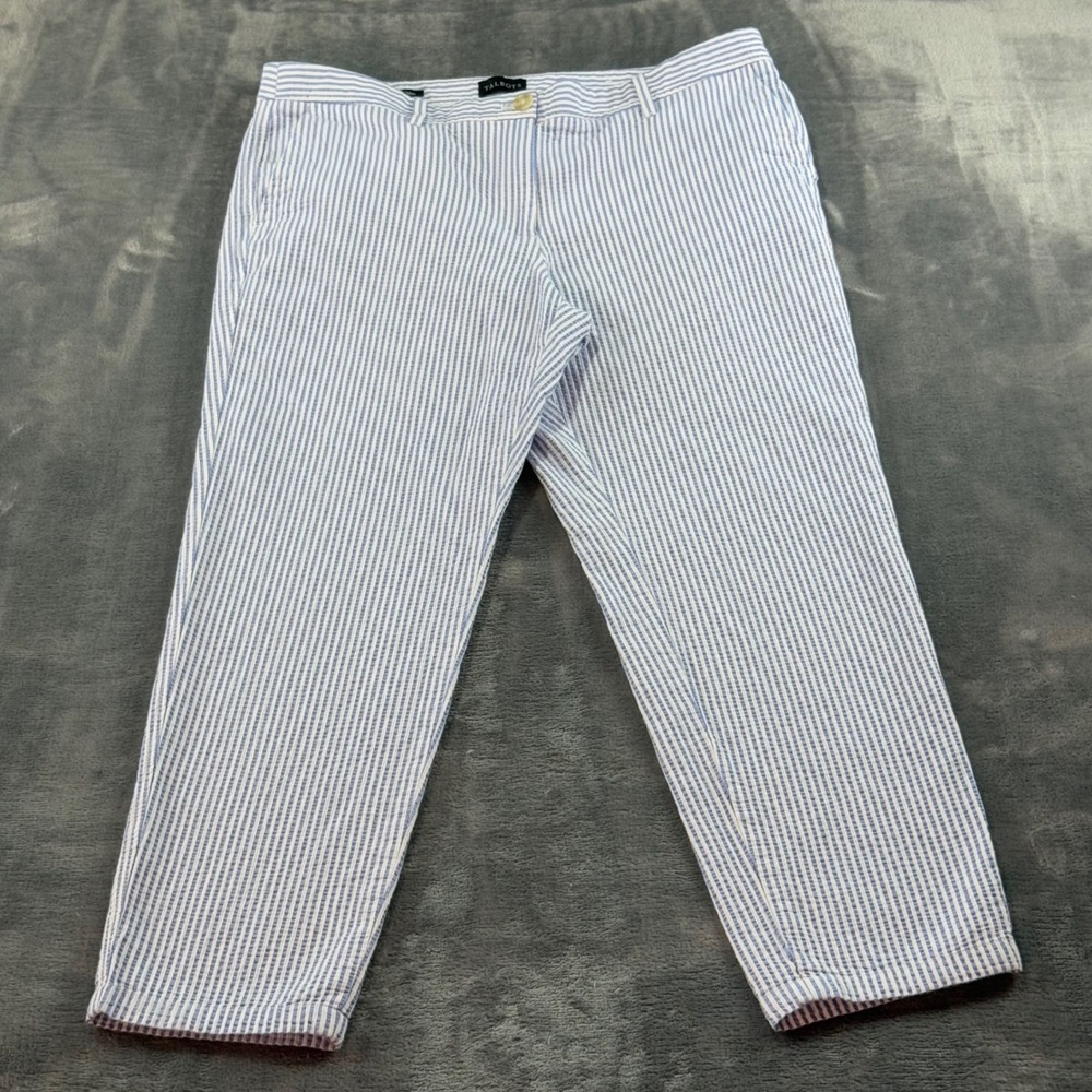 Talbots Relaxed Chino Pants 12P Blue White Seersucker Stripe 100% Cotton Petite